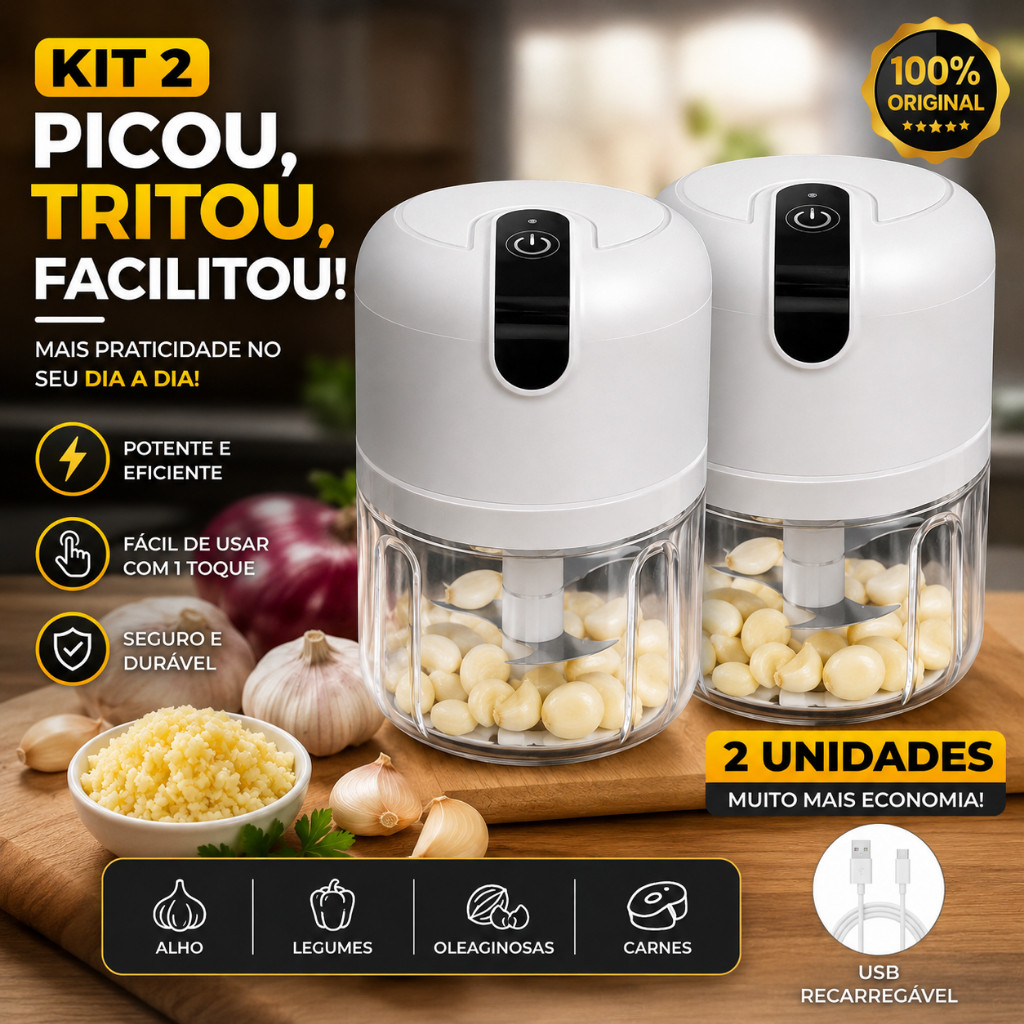 Mini Processador Elétrico Automático Recarregável Triturador de Alho Legumes e Temperos USB