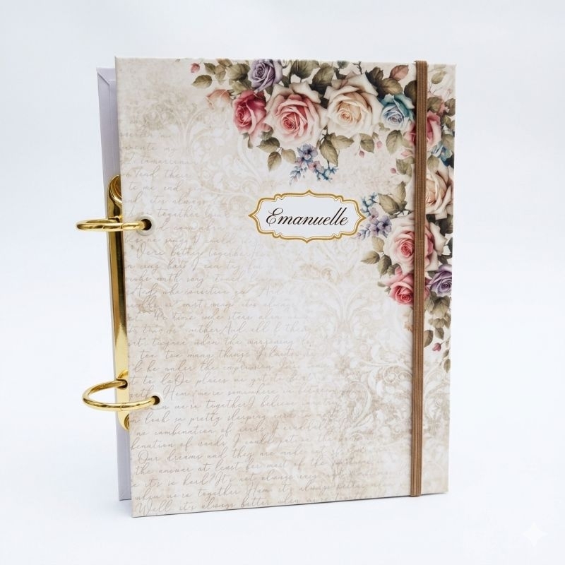 Fichário Premium A5 Capa Dura Caderno Feminino Estampa Delicada Floral Estudo Organização Planejamento Diário