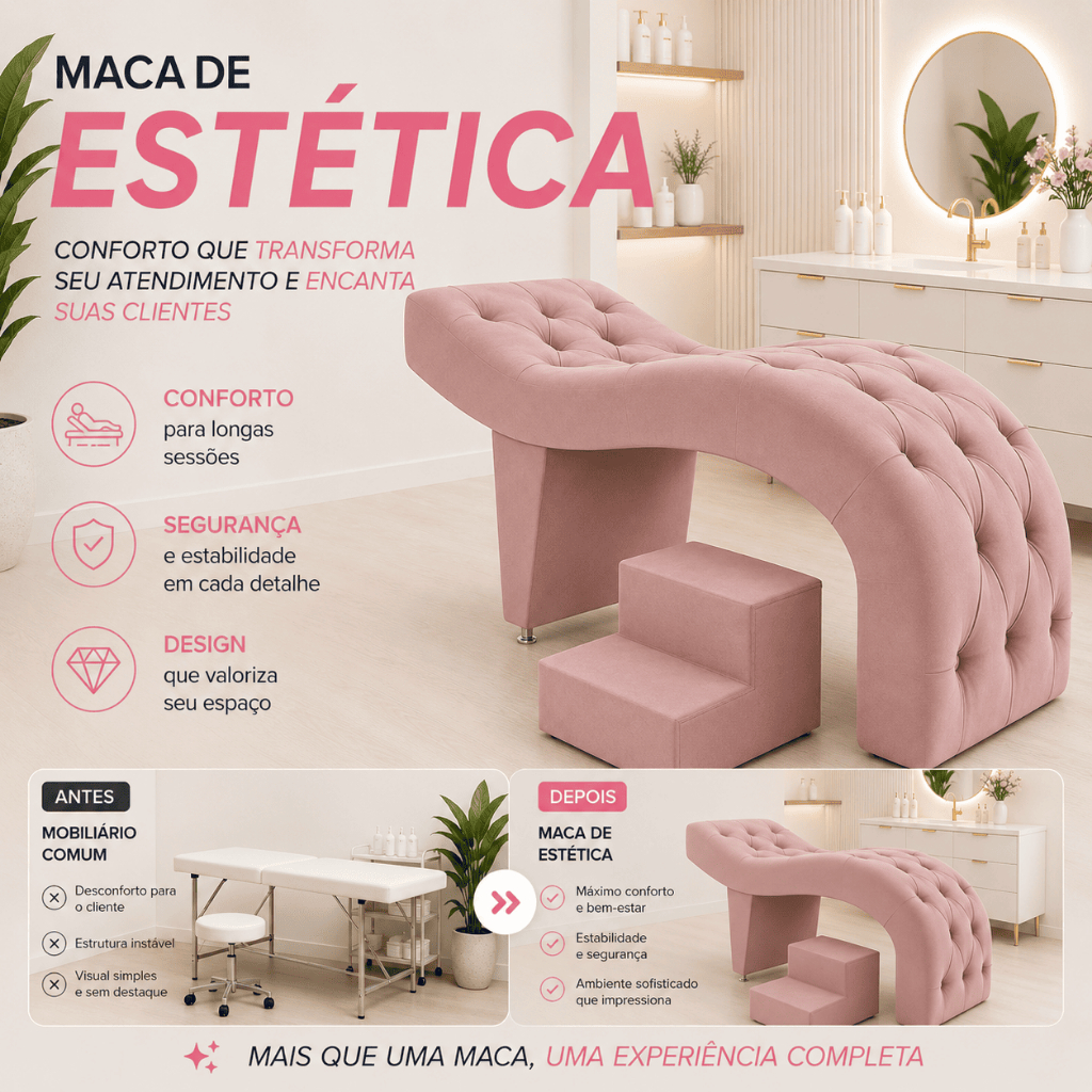Imagem Maca de Estética para Massagem Cílios Fixa Lash Estofada com Escada Veludo Rose G83 - Gran Belo