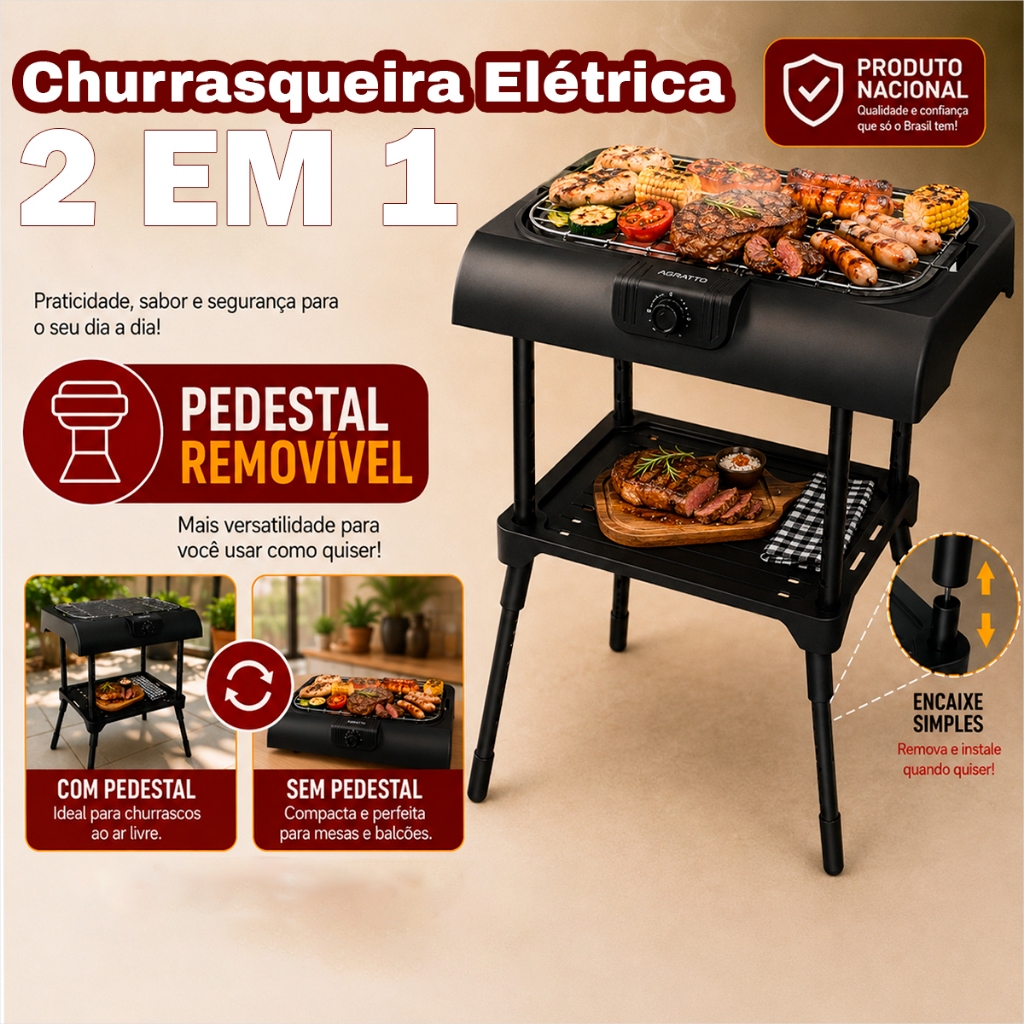 Churrasqueira Elétrica Pedestal Churrasqueira Elétrica Portátil 127v Churrasqueira 2em1 Agratto