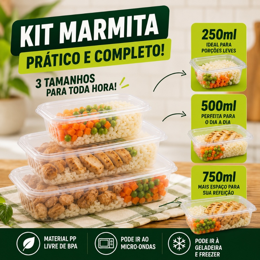 24 Und Kit Marmita  com Tampa 250ml 500ml 750ml Pote Plástico Freezer Microondas Fit