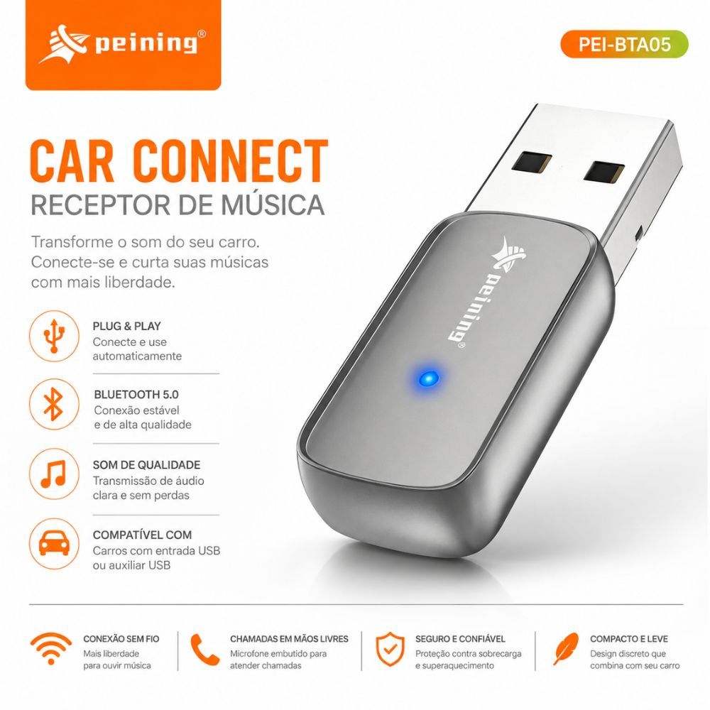 Adaptador Receptor Bluetooth Veicular Car Connect Usb Musica Som Chamada Carro Peining