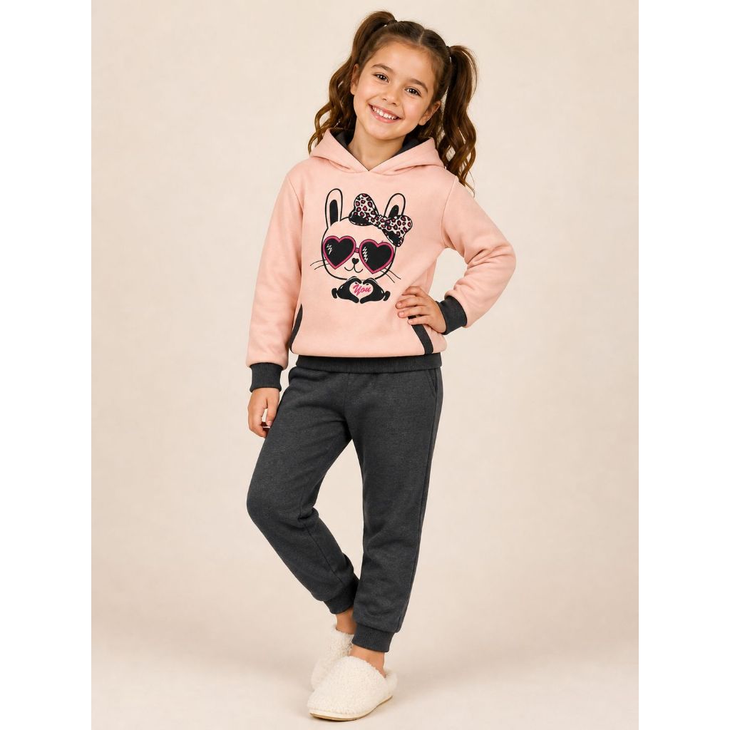 Conjunto Moletom Infantil Feminino Forrado com Capuz Inverno Quentinho Menina 06 e 08