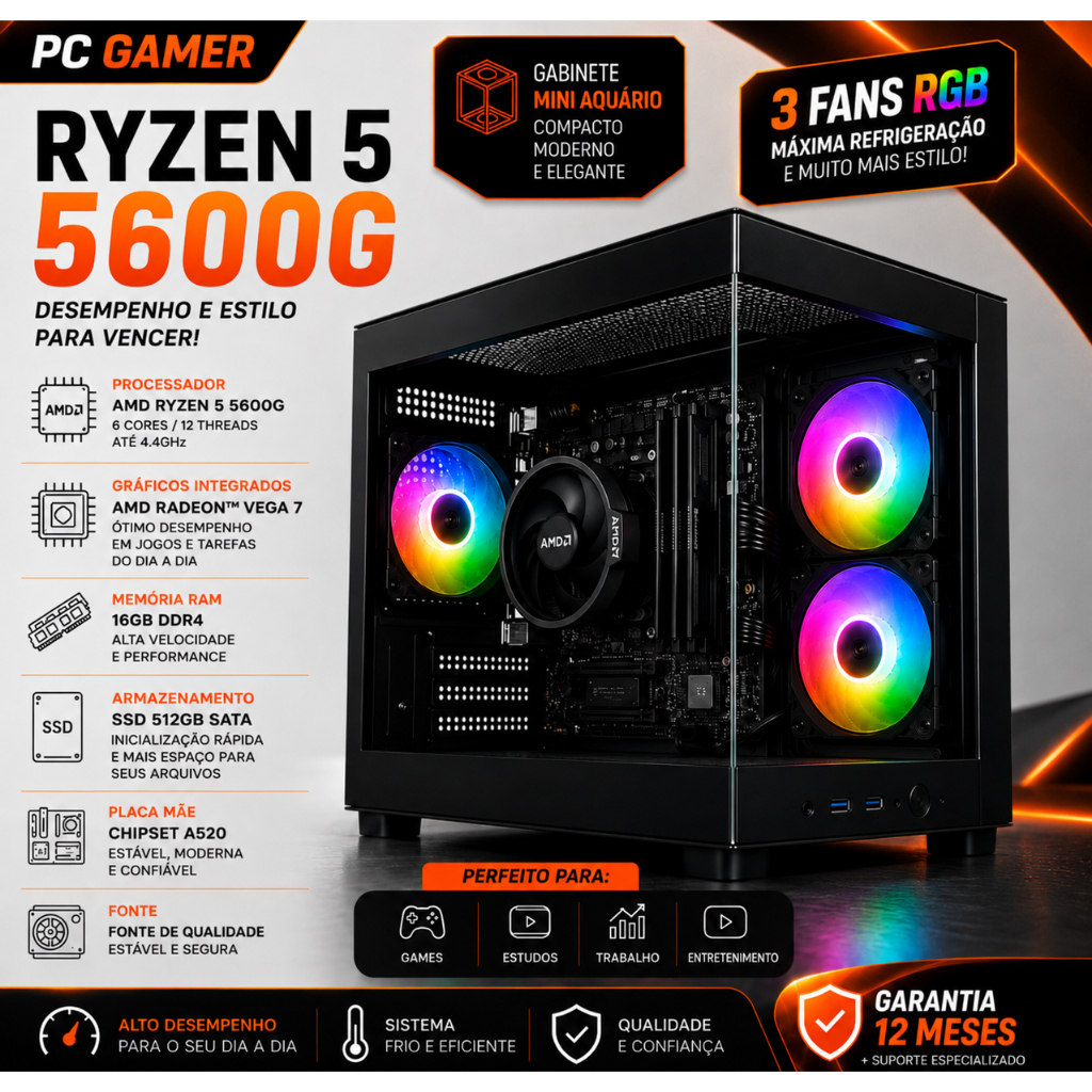 PC Gamer Controll, AMD Ryzen 5 5600G, 16GB DDR4, SSD 512GB