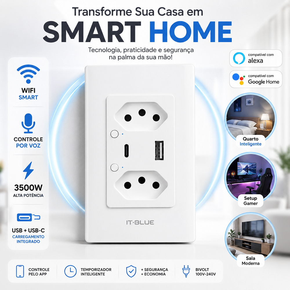 Tomada Inteligente WiFi Alexa Google Home USB USB-C 3500W Smart Timer Controle Voz Bivolt 2 Tomadas Automação Casa WiFi