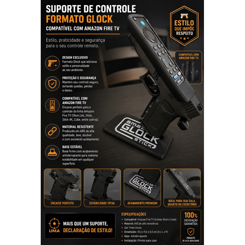 Suporte para Controle Amazon Fire TV Formato Glock | Base Decorativa e Organizador de Controle Remoto