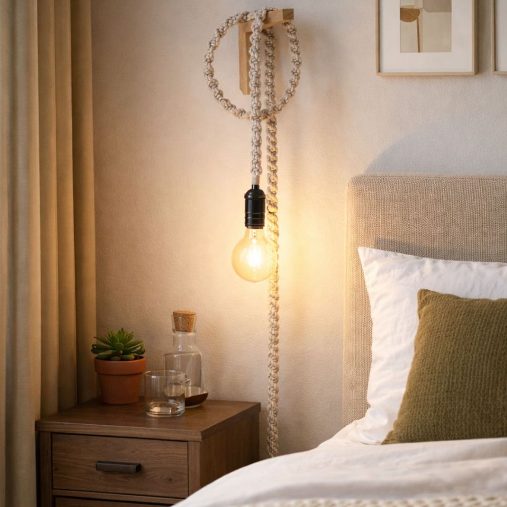 Luminária Macramê Pendente Bocal Vintage Decoração Casa  + Mão Francesa