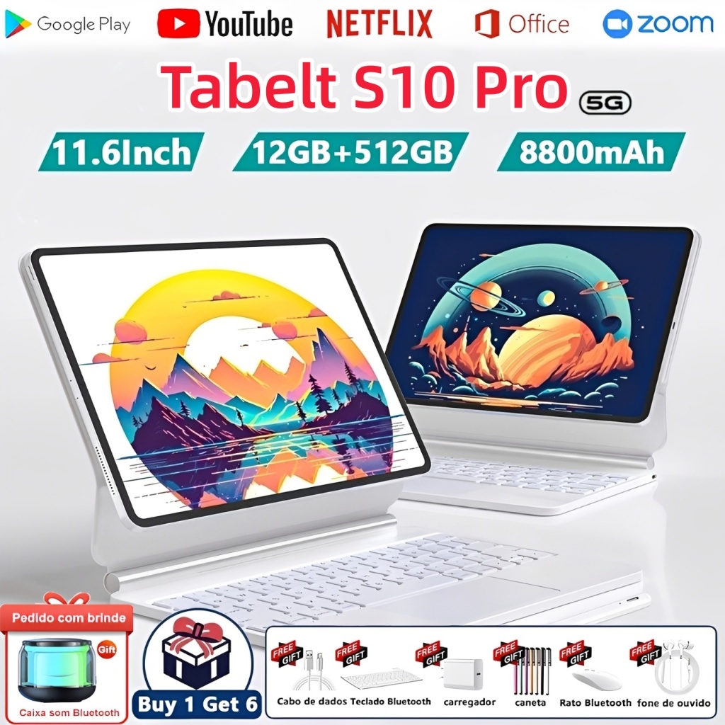 (teclado e mouse)Tablet S10 PRO ROM12gb+512gb Resistente à eletricidade8800mah Tablet de …