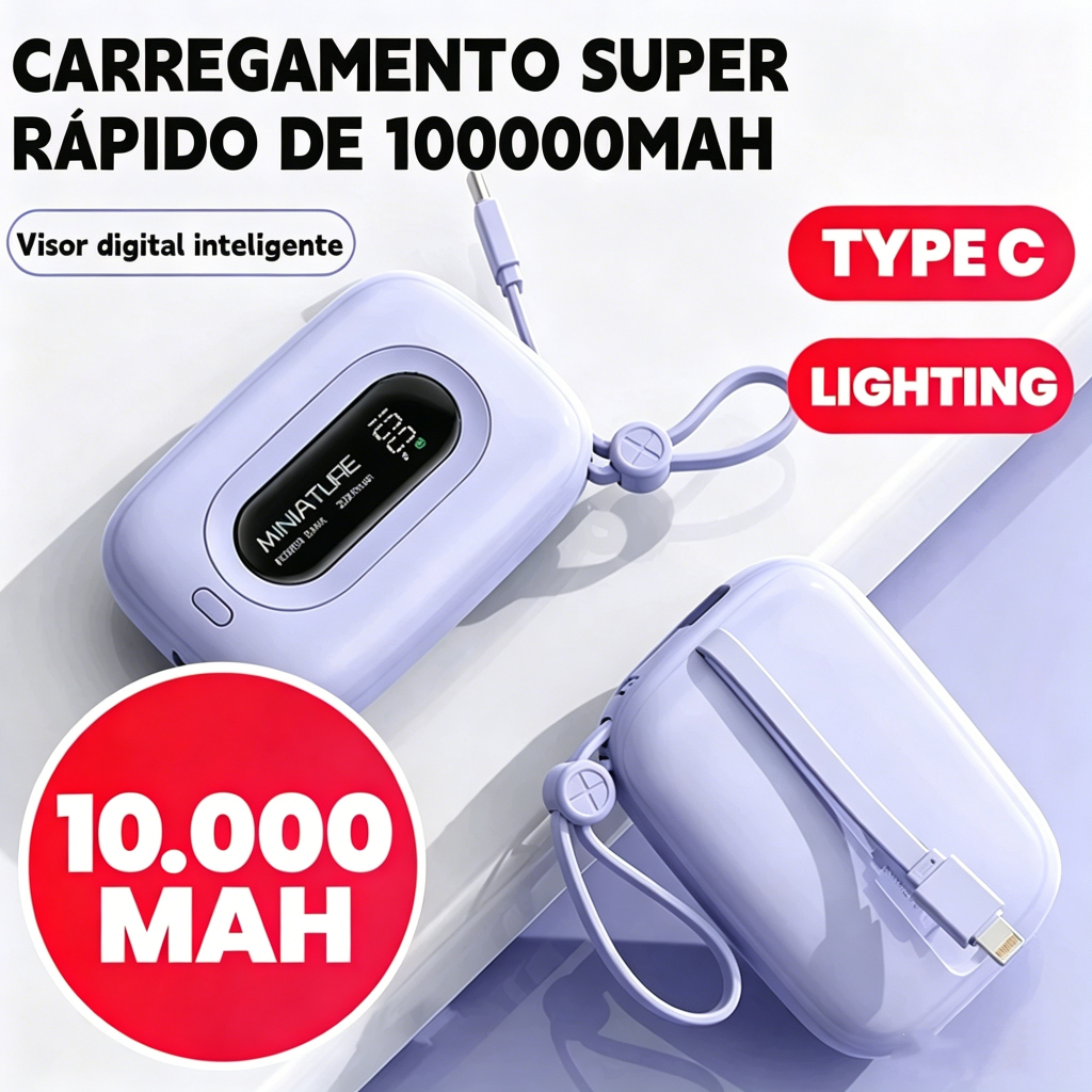 Carrega super rápido power bank de 10000 mAh com USB universal‌, compacto, portátil e com exibidor numérico
