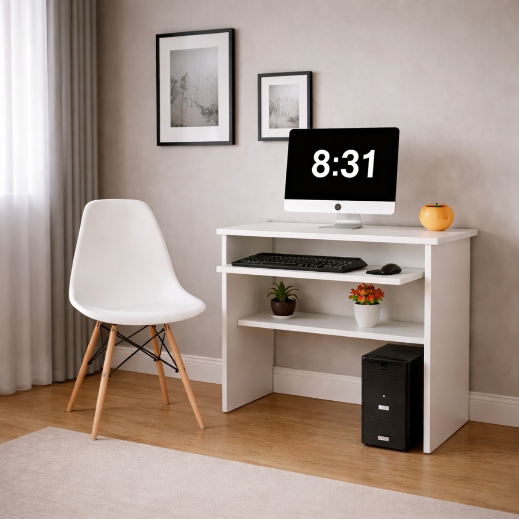 Mesa Informática Com Gaveta E Suporte Teclado + Cadeira Compacta Para Quartos E Escritórios