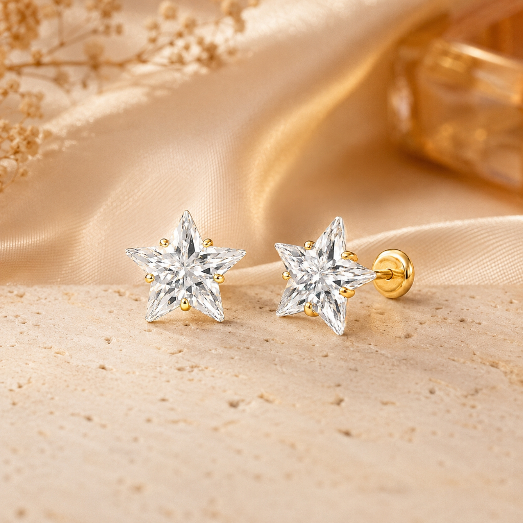 Brinco Infantil Estrela 4mm Zircônia Folheado Ouro Baby