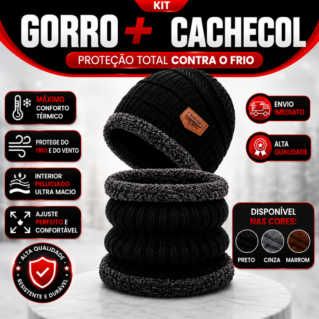 Kit Touca Gorro Forrado + Cachecol Lã Pelinho Frio Inverno Confortável Masculino Feminino Liso