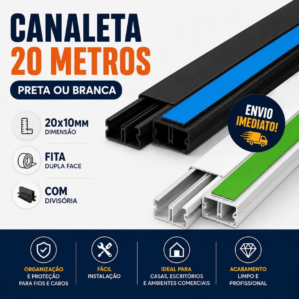 20 Metros Canaleta Adesiva Esconde Fios PVC 20x10mm Organizador Cabos Com Divisória Conector Emenda