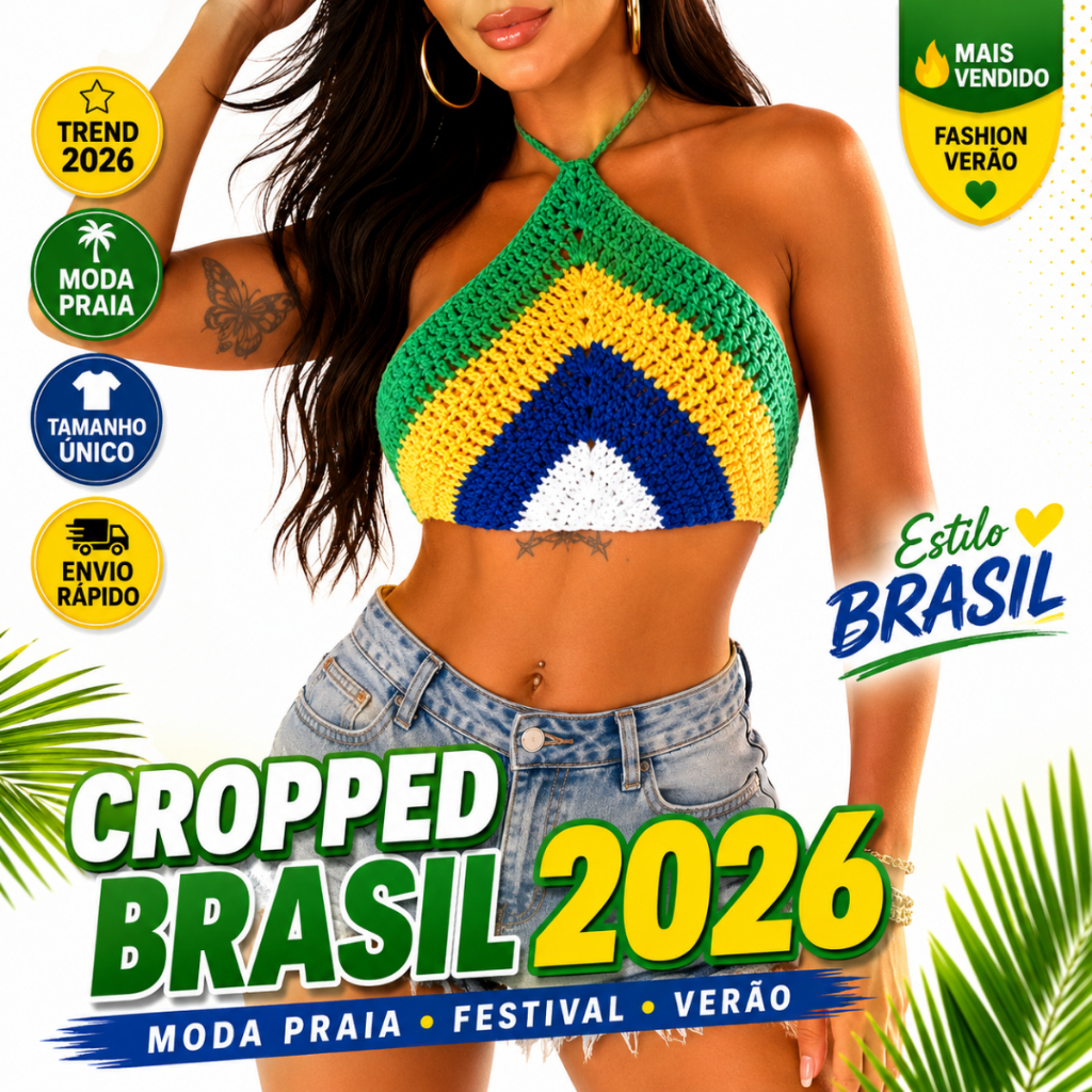 Cropped Brasil Tricot Feminino Sem Manga Copa Do Mundo Verde Amarelo Brasil Futebol Praia 2026