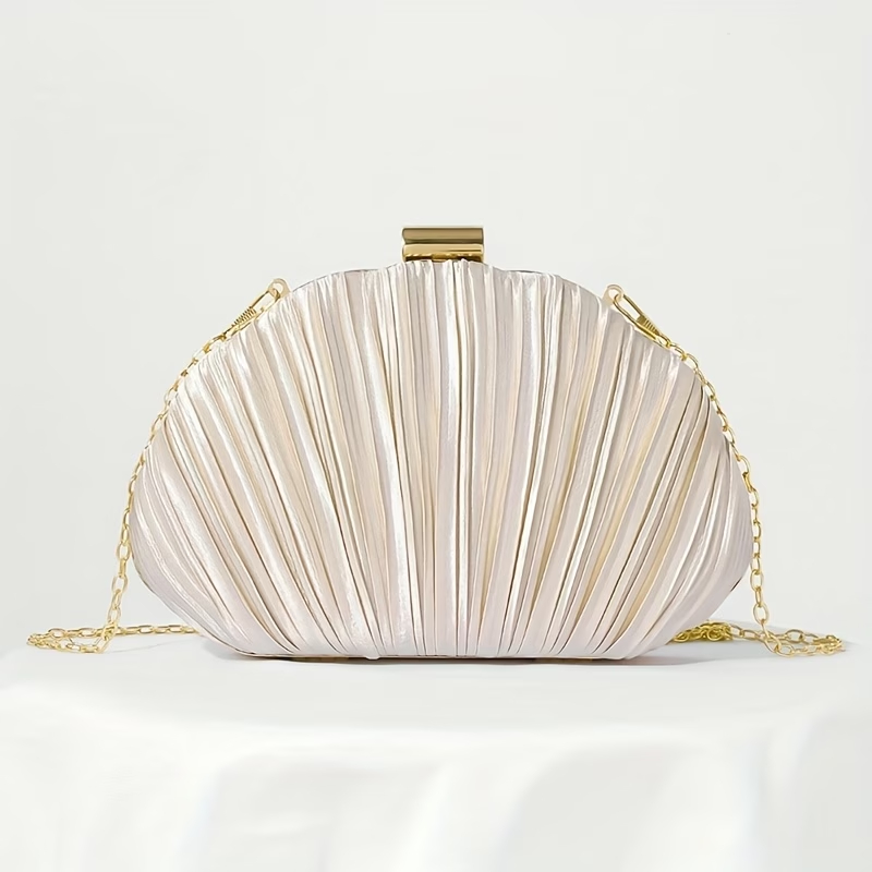 BOLSA FESTA Concha DOURADA LUXUOSA - Alça Detacável com Corrente Dourada, Design listrado Champanhe Para Festas