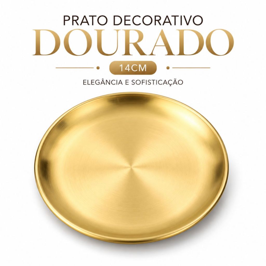 Bandeja Prato Aco Inoxidavel Luxo Decorativo Alimentos Dourado Redondo 14cm