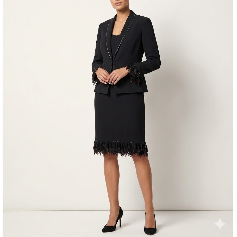 conjunto social albert nipon blazer Alfaiataria e vestido franjas strass pedrarias importado luxo preto Tam G
