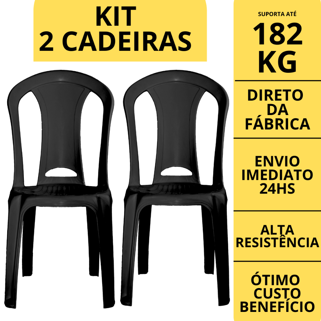 Kit Jogo 2 Cadeiras Plástica Resistente 182kg Bistrô de Plástico Preta Jardim Lanchonete