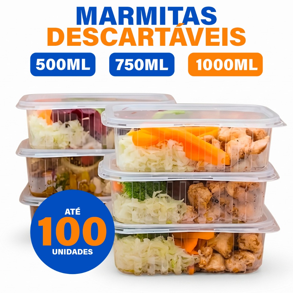 Kit 50/25 Pote Embalagem Marmita Descartável Fitness 500ml 750ml 1000ml Microondas Freezer
