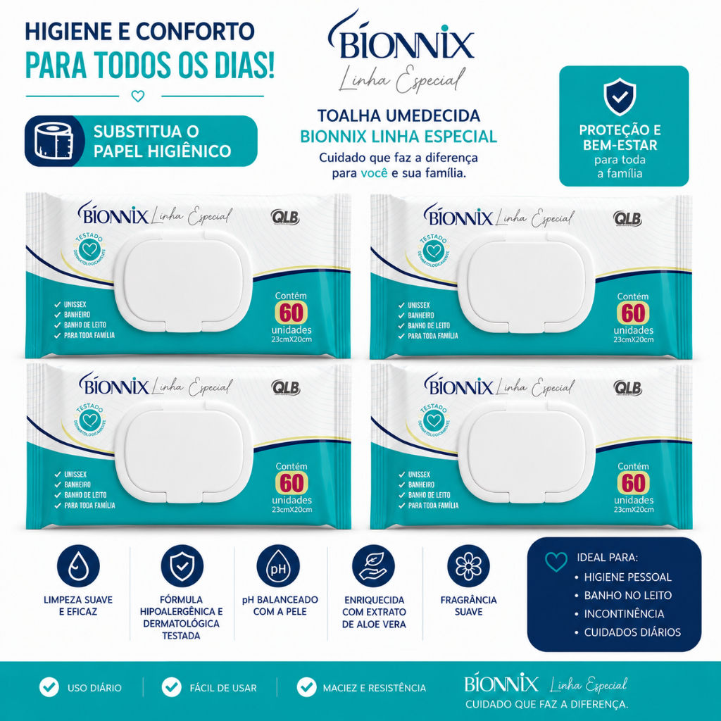 Kit 4 Toalhas Umedecidas Adulto Bionnix c/60 Premium