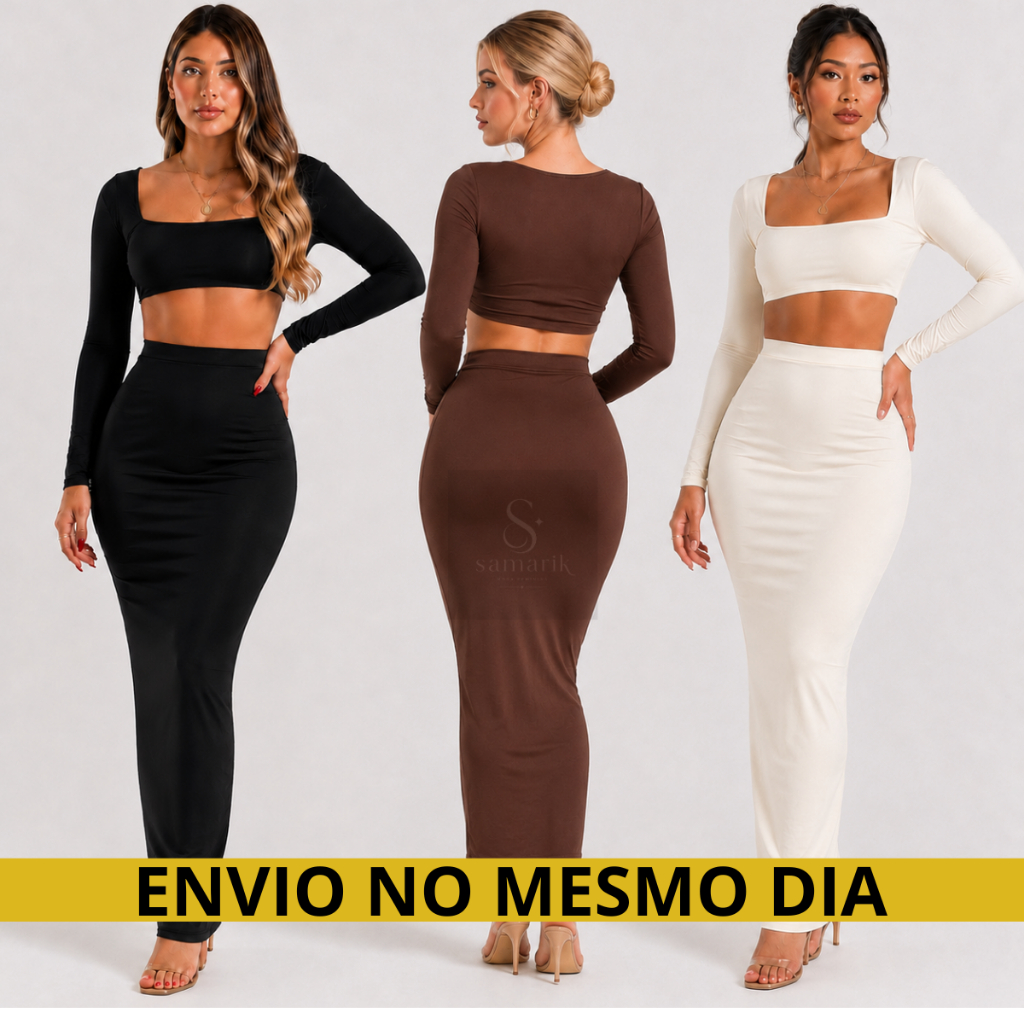 Conjunto Feminino Cropped Manga Longa e Saia Midi Tubinho Suplex Festa, Balada, Outono moda gringa Sexy, Elegante slim