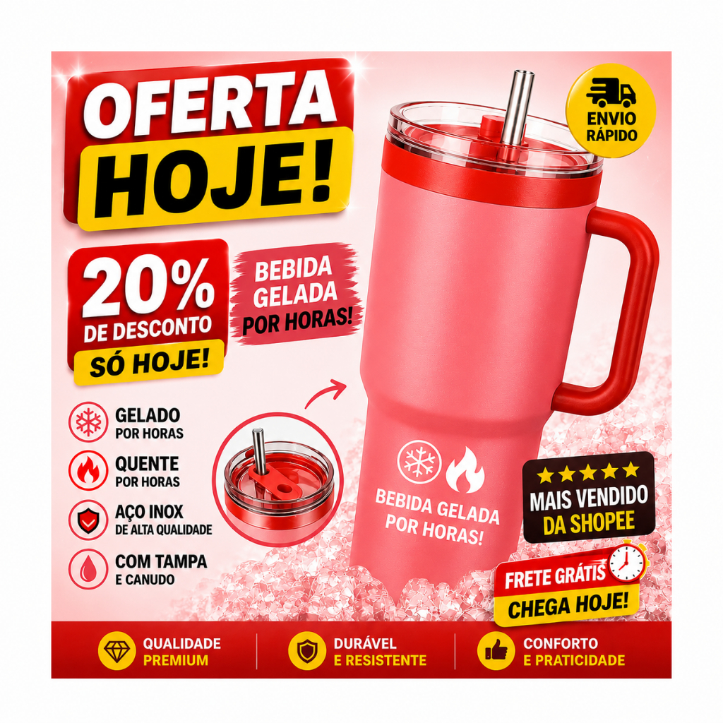 Copo Térmico 1,2L Grande Capacidade Inox Com Alça E Canudo Vedação Segura Ideal Para Dia a Dia