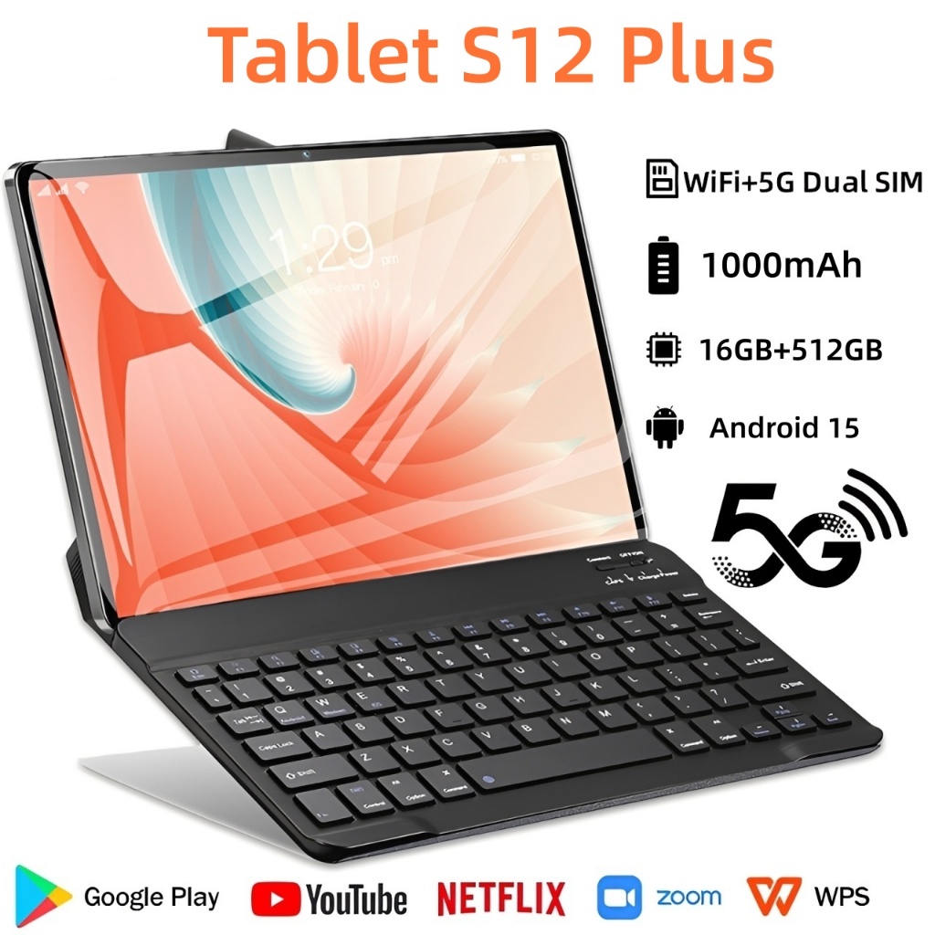 【Teclado e mouse gratuitos】Tablet S12 Plus Tablet 12,8 polegadas 16 GB + 512 GB 10000 mAh Android 5G Dual-SIM Tablet