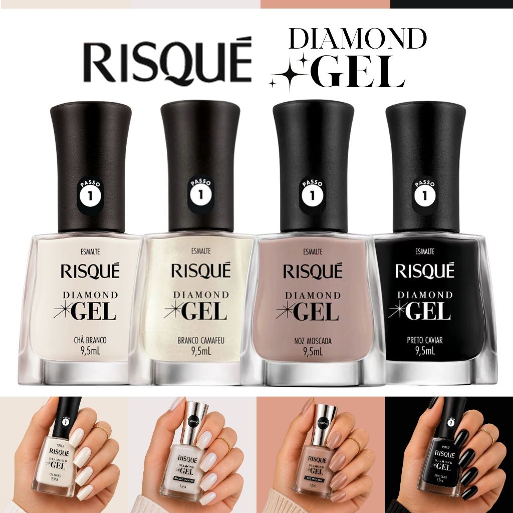 Kit Esmalte Risqué Diamond Gel Tons Brancos Nude e Preto Esmalte Atacado