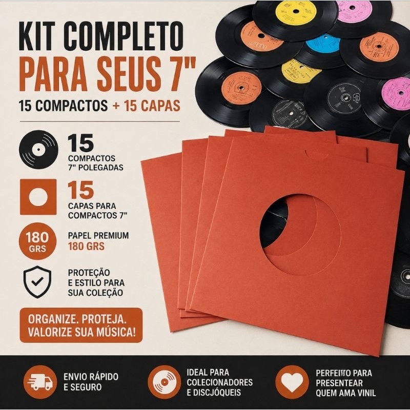 Kit de 15 Compactos 7" Polegadas 17,5cm + 15 Capas 7" Polegadas Laranja Terra Cota 180 grs