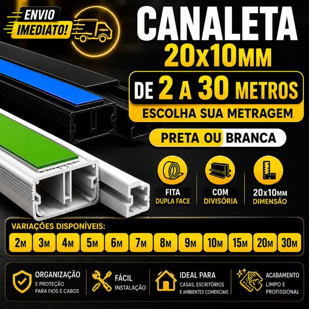 Canaleta 20x10mm PVC Painel Canaletado Organizador Fios Preta Branca Sistema X Fita Divisoria