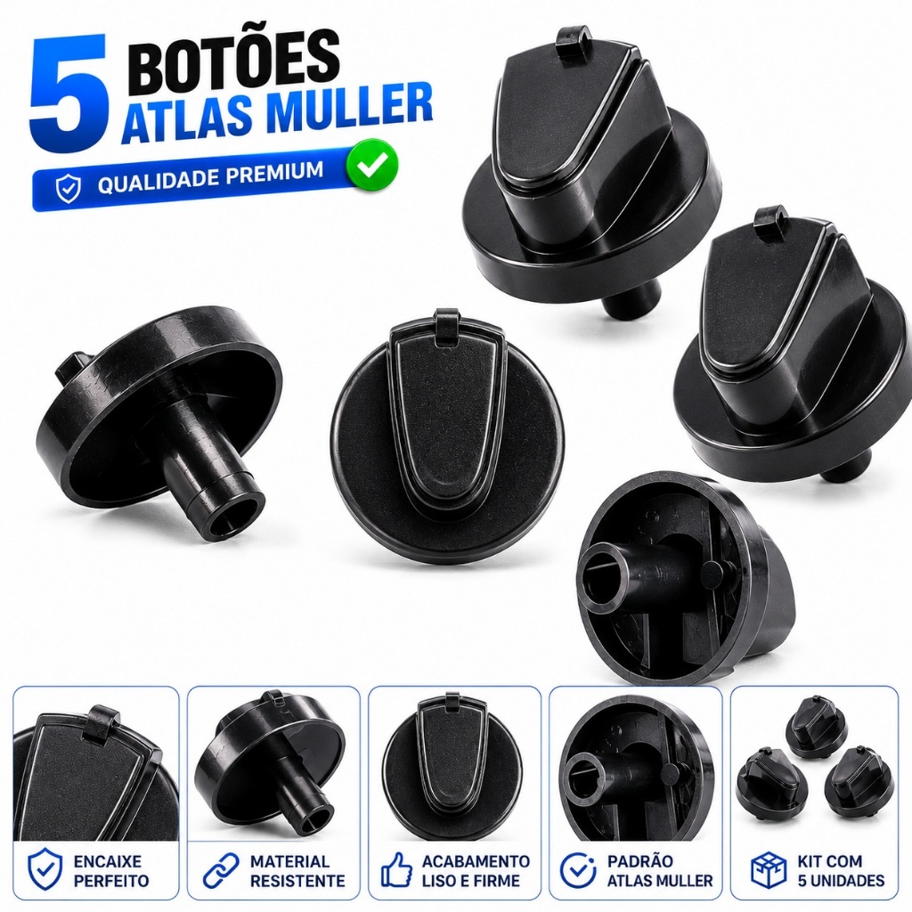Kit 5 Botões Manípulo Fogão Atlas/Mueller Preto