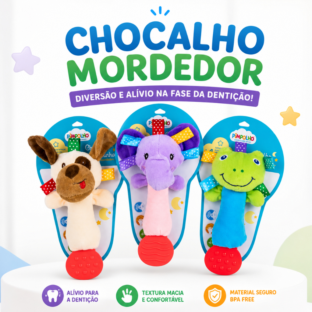 CHOCALHO MORDEDOR PIMPOLHO – Pelúcia Sensorial para Bebês +4 Meses | Alívio da Dentição | BPA Free