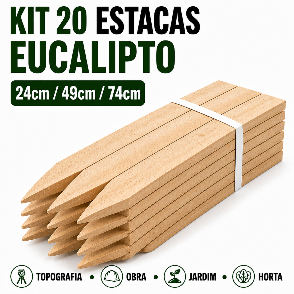 Kit 20 Estacas Madeira Eucalipto 24/49/74 cm Piquete Topografia Obra Jardim Horta