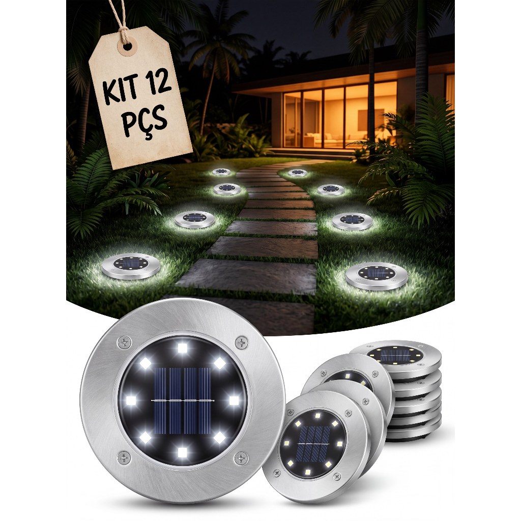 Kit 12 Luminarias Jardim Assoalho Solo Chão Placa Solar Grama LED Branca Decoração Lampada