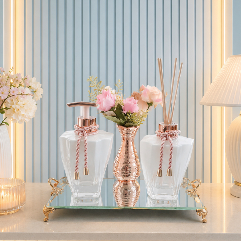 Kit Lavabo Elegance Rose Gold Branco Degradê Vaso Decorativo Pingente Cristal Bandeja Opcional
