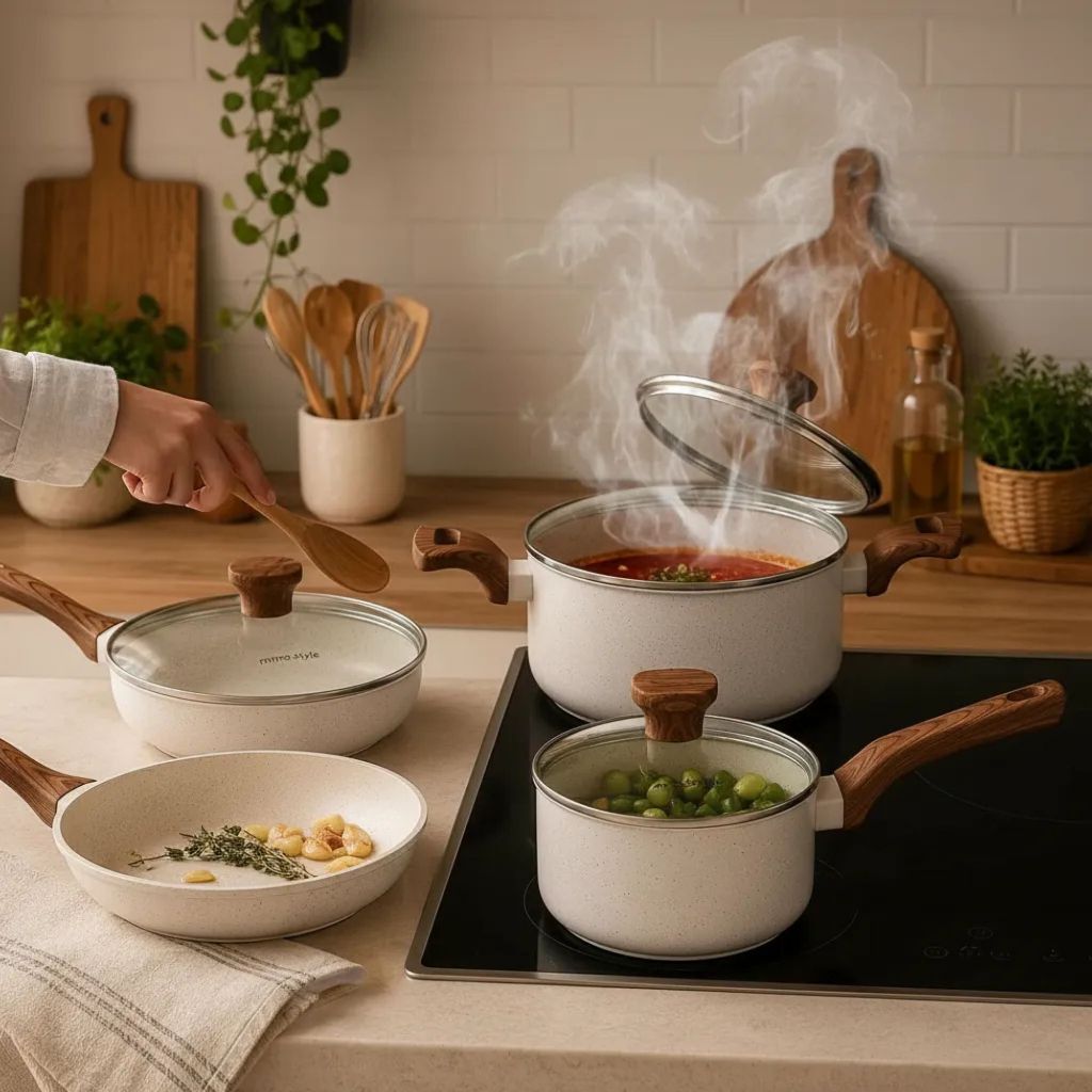 Kit 4 Panelas Ceramica Cook Top Antiaderente Caçarola Frigideira Tampa Vidro Vapor Fogão Indução Elétrico Cozimento