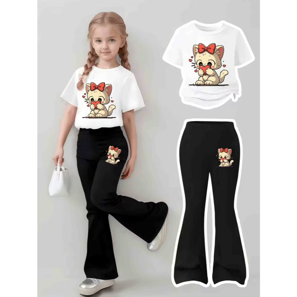 conjunto infantil camiseta+calça flare moletom look criança estiloso gatinha laço