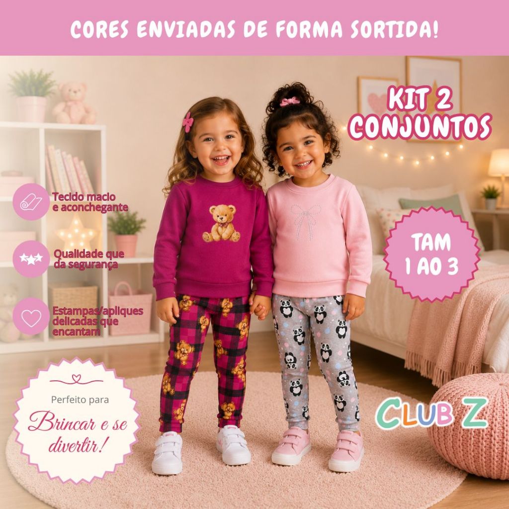 Kit 2 Conjuntos Infantil Menina Inverno - Blusa moletom Peluciado Quentinho e Legging em suplex sublimado