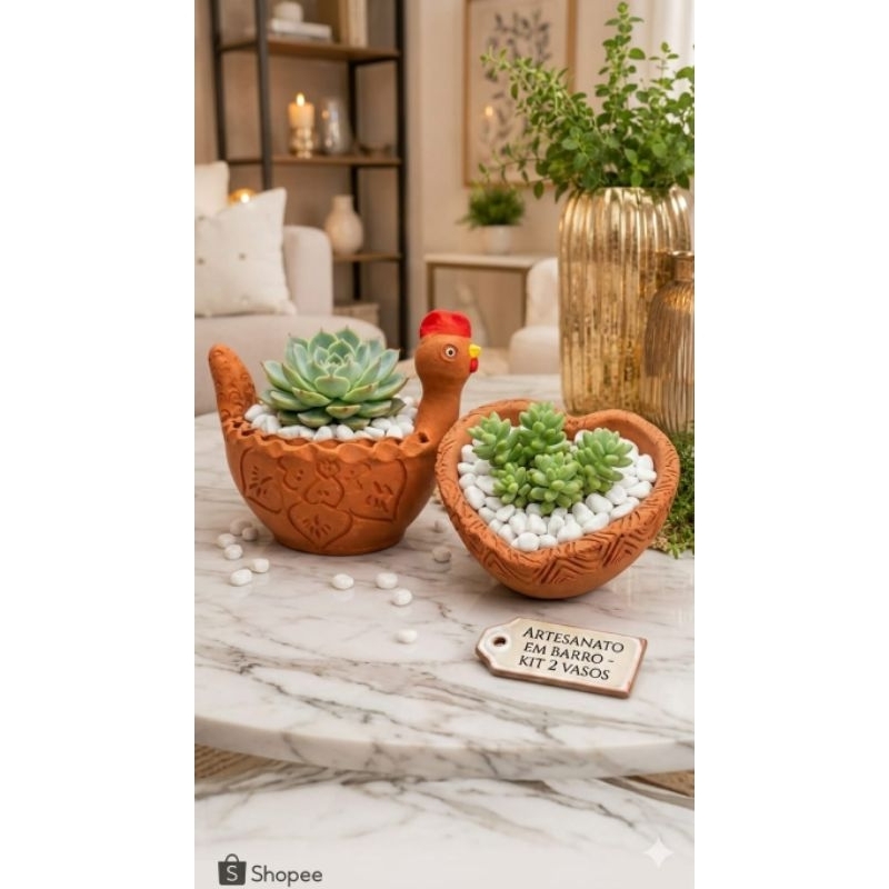 Kit 2 Vasinhos para Suculentas em Barro Artesanal | Vaso Galinha e Coração Decorativo