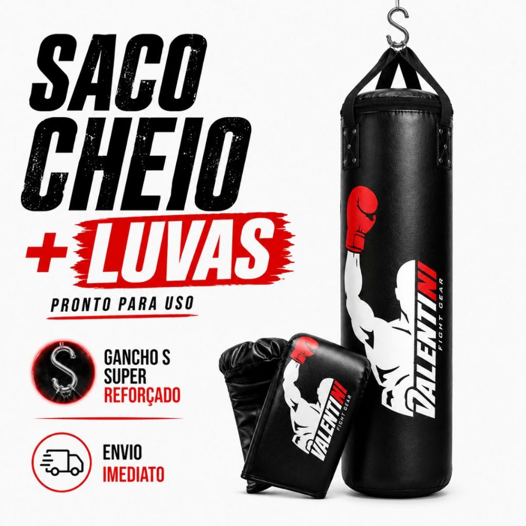 Saco de Pancada VALENTINI  90 cm Cheio - Treino Boxe Muay Thai  - Alta Resistencia + 1 Luva Bate Saco Preta