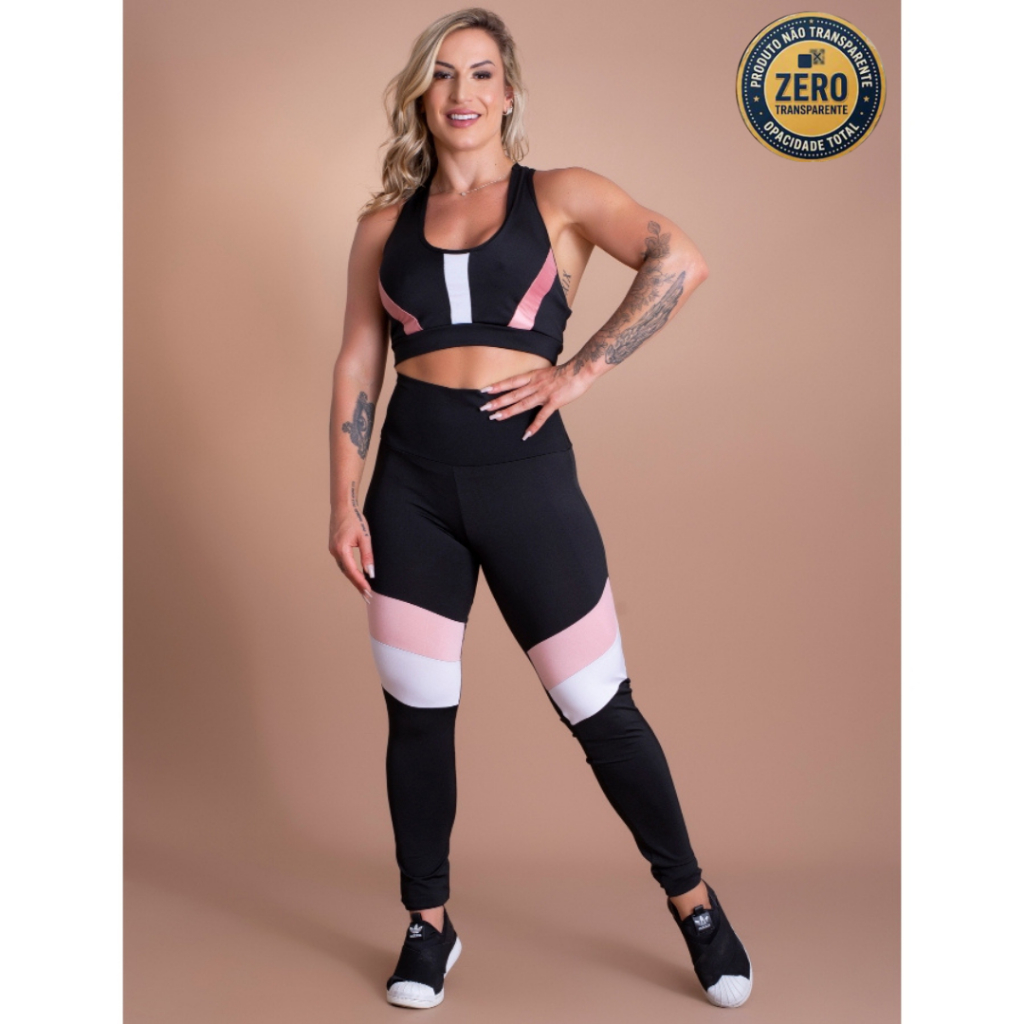 Conjunto Fitness Feminino Calça Legging Cintura Alta Recorte Perna e Top Nadador Sustentação Academia ZERO TRANSPARÊNCIA