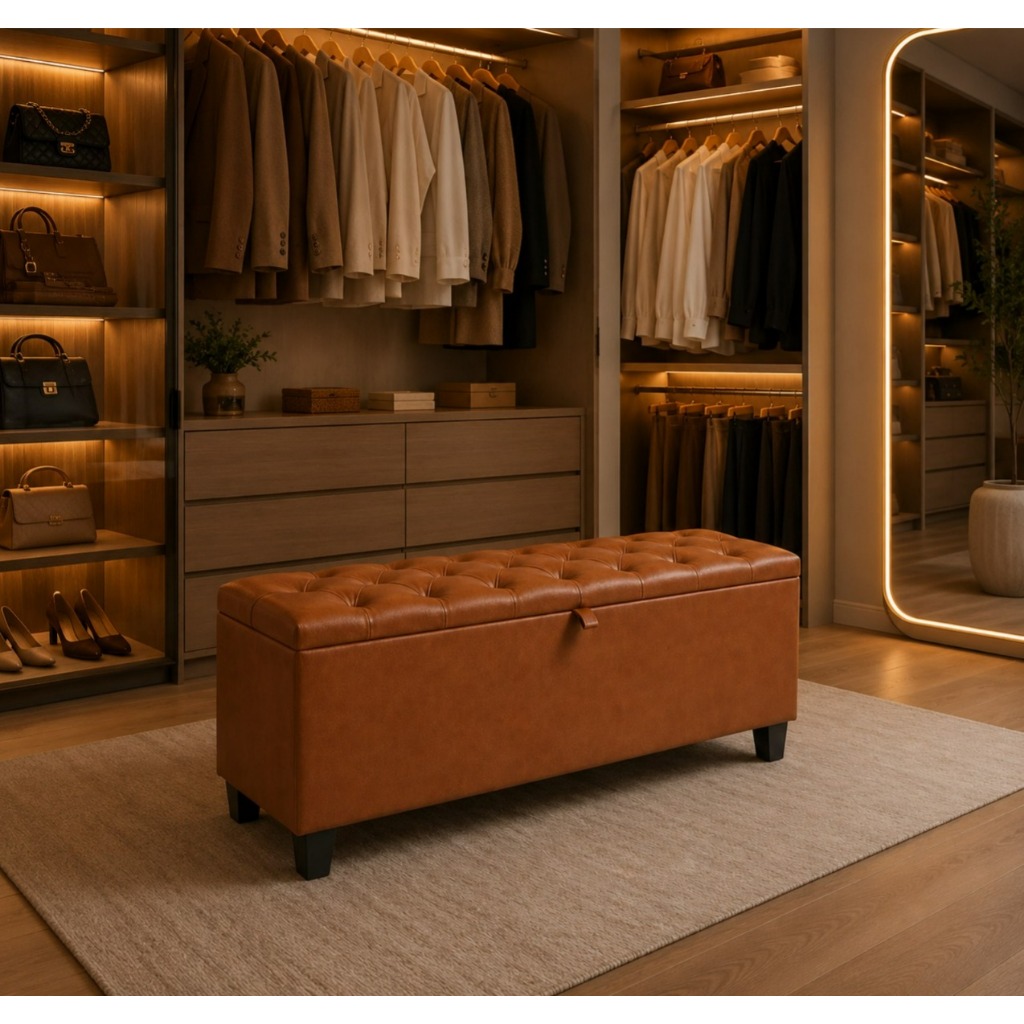 Puff Baú 120cm Casal Recamier Estofado em Corino Capitonê ideal Para Quartos e Bancos de Decoração- Sapateira e Báu
