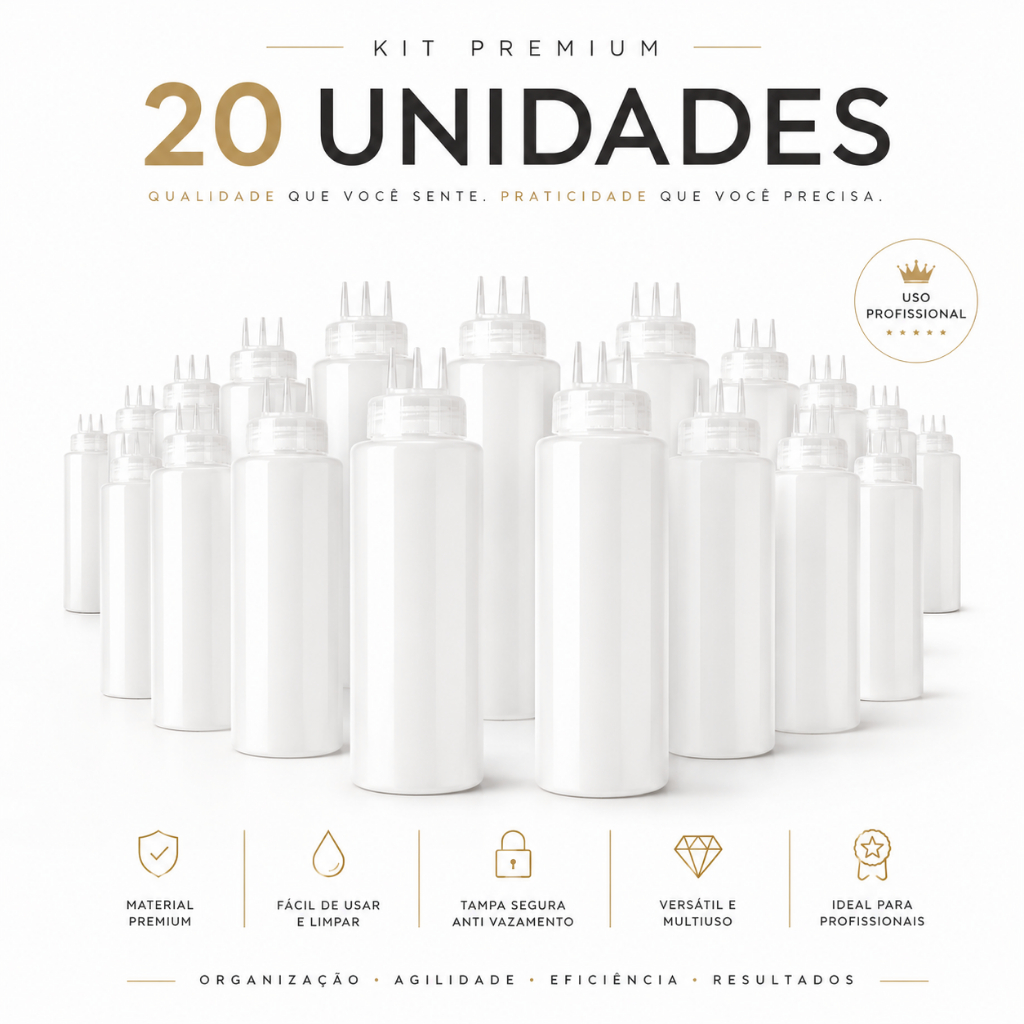 Kit 20 Bisnaga de Bico Triplo 3 Bicos Profissional Buffet 1 Litro  Graduada Confeiteiro Molhos Caldas Ketchup