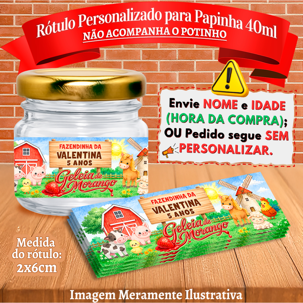 Rótulos adesivos Animais da Fazendinha Geleia de Morango Personalizados para papinha 40ml 40g
