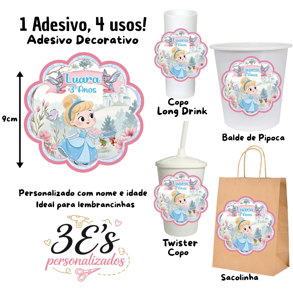 Cinderela Cute Adesivos Personalizados Sacolinhas Balde de Pipoca Copo Twister Copo Long Drink