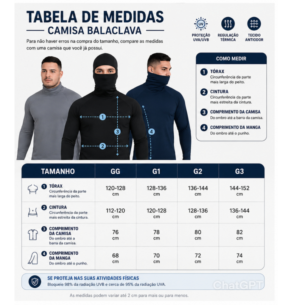 Detalhes do KIT 3 OU 2 CAMISA BALACLAVA NINJA DRY FIT G GG G1 G2 G3 G4 ACADEMIA MALHA LEVE E CONFORTÁVEL PARA MOTOBOY