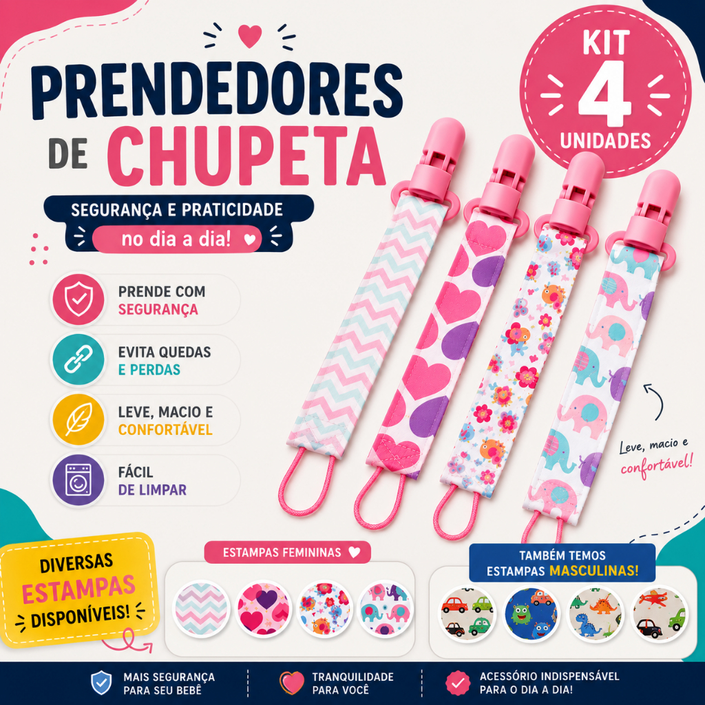 Kit 4 Cordinhas de Chupeta Para Bebês Prendedor de Chupeta Lavável com Estampas Coloridas