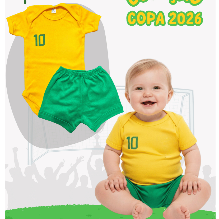 Conjunto infantil Brasil bebê Menino Mêsversário Copa Seleção Brasileira Body +saia+laço 100%algodão