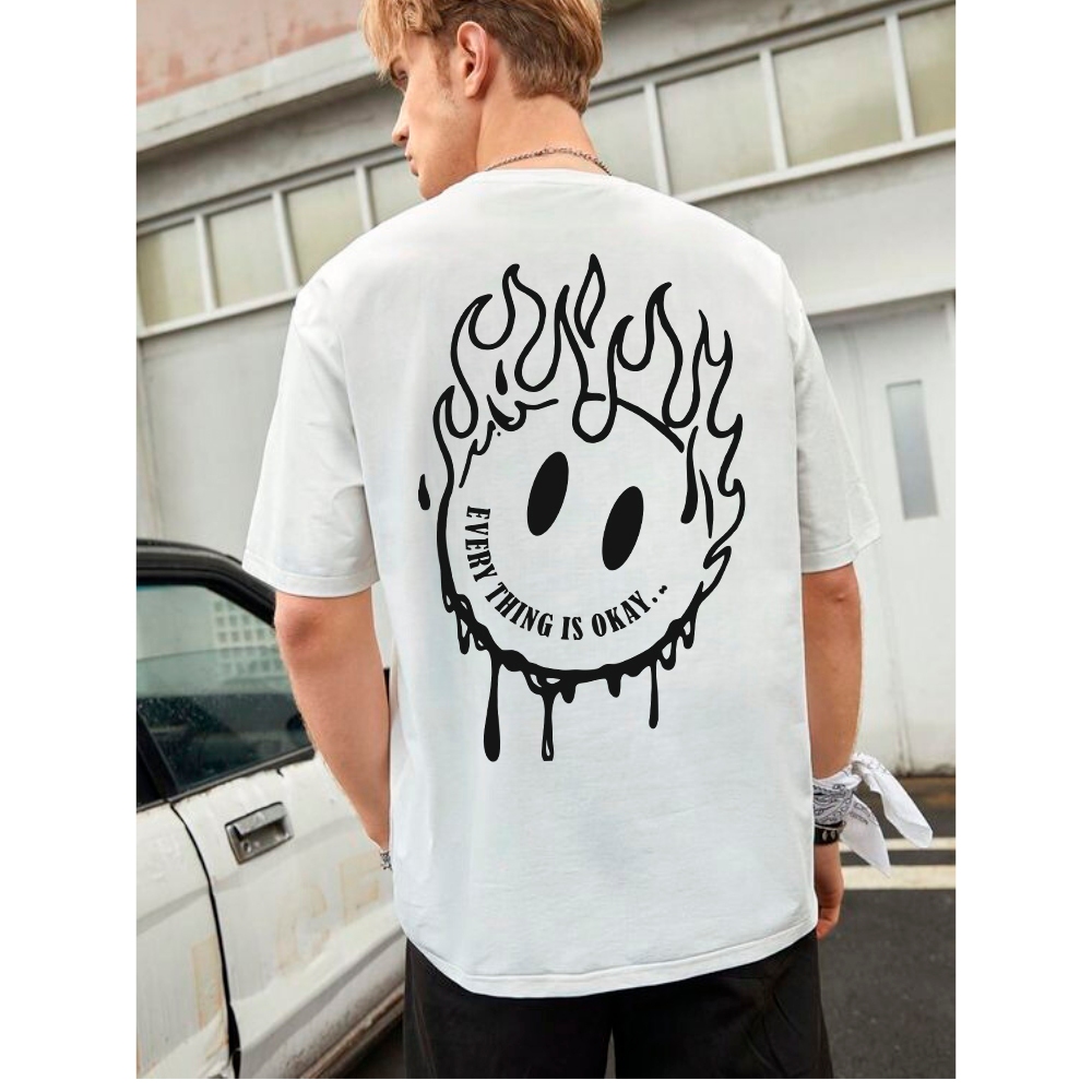Camiseta Oversized Premium Estampado Smile Flame Everything Is Okay Moda Casual Streetwear Unissex
