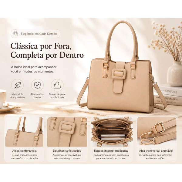 Bolsa Feminina Executiva em Couro PU Estruturada com Alça de Ombro e Transversal para Trabalho